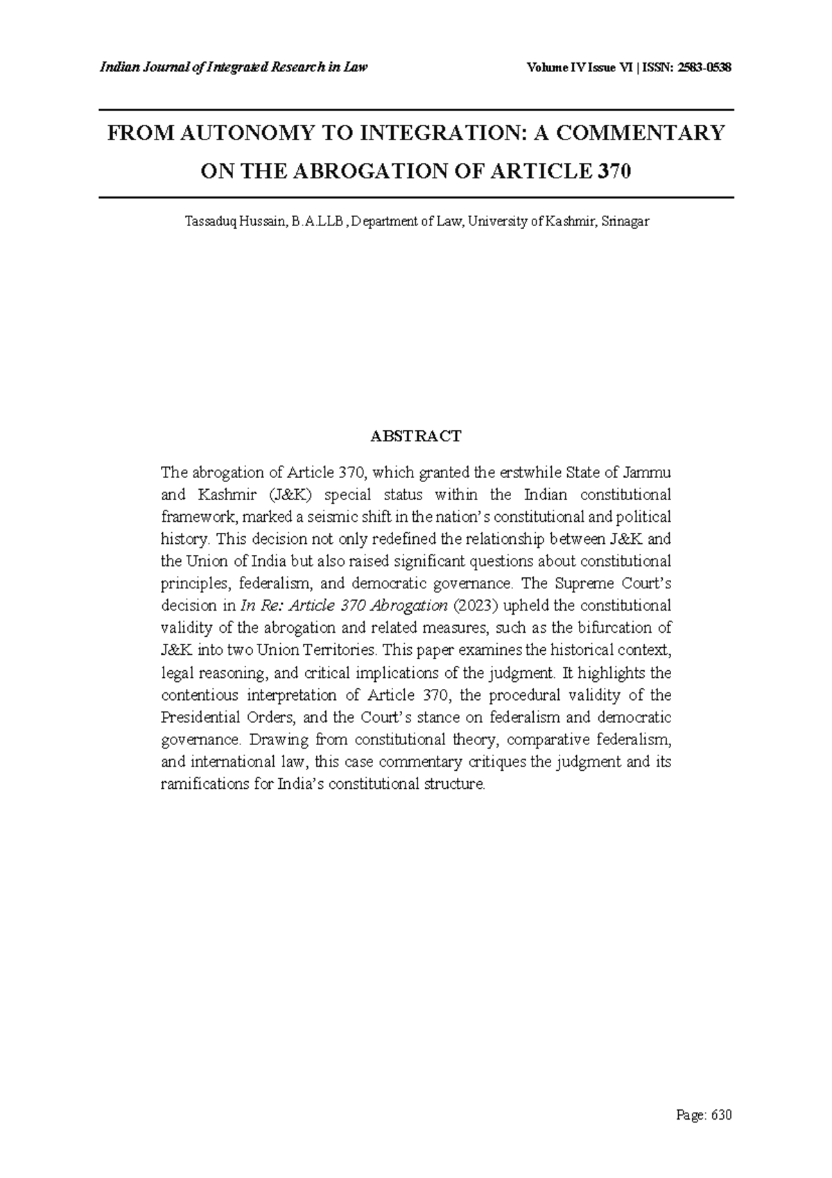 Commentary on Article 370 Abrogation: Autonomy to Integration (Law 2023 ...