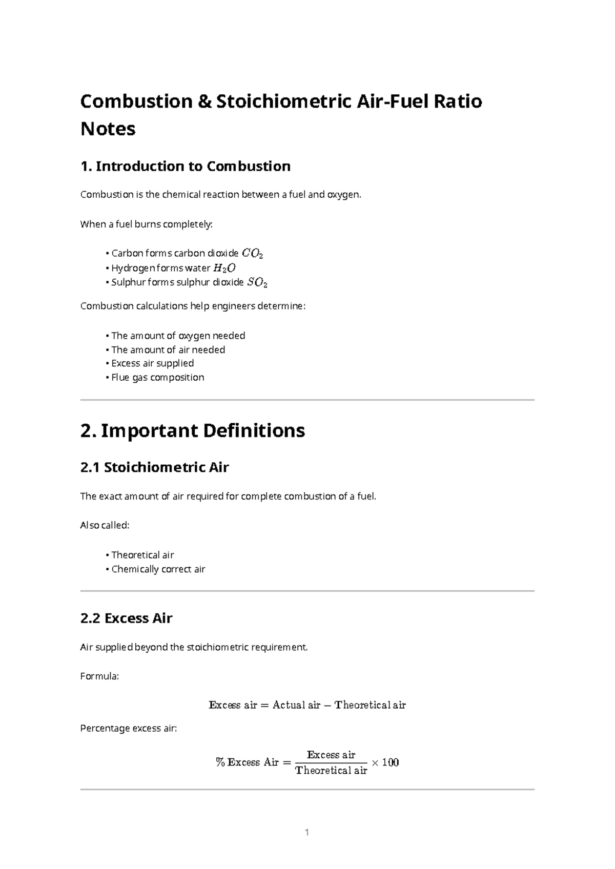 Combustion Stoichiometry Notes ME 101: Key Concepts and Calculations ...