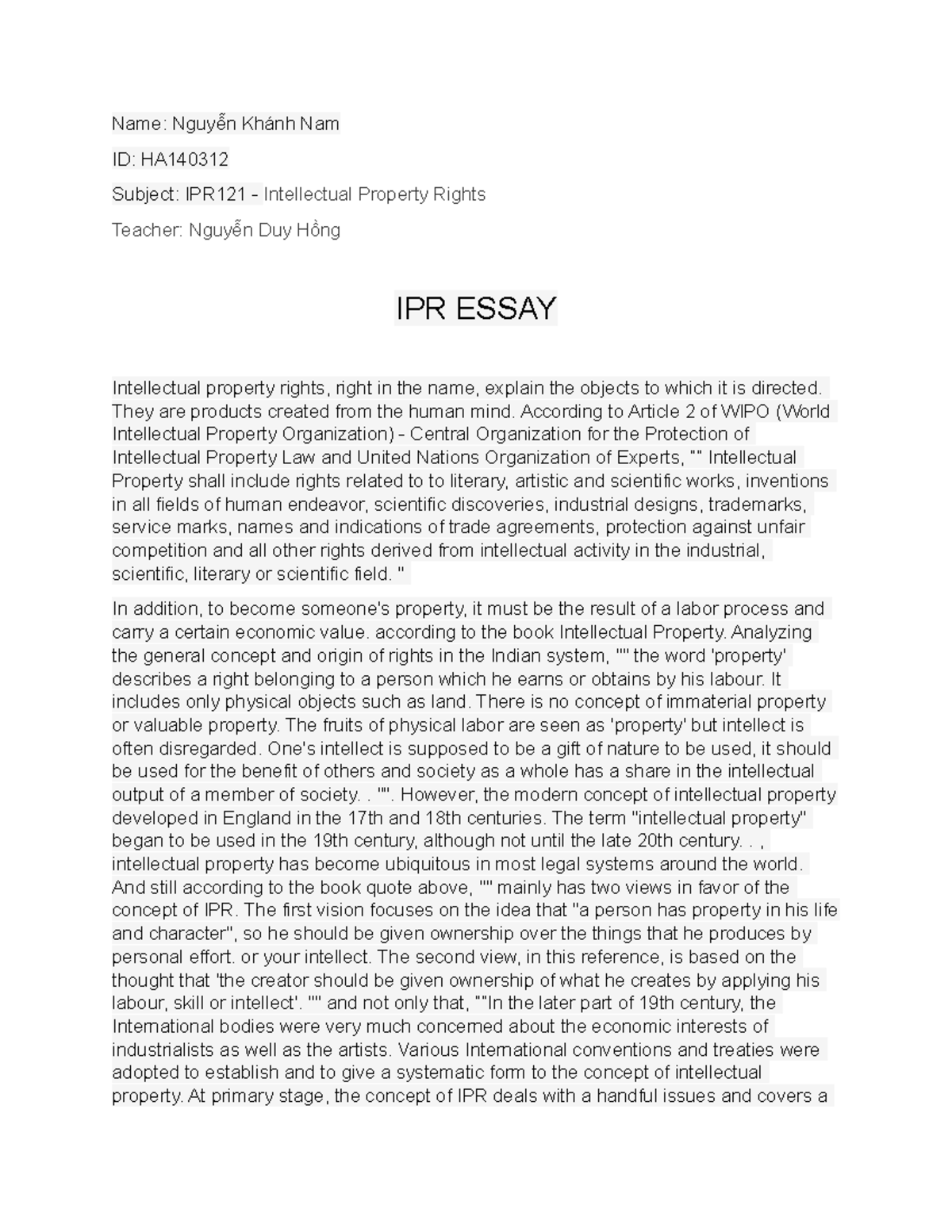 IPR Essay-Nguyễn Khánh Nam-HA140312 - Name: Nguyễn Khánh Nam ID: HA ...
