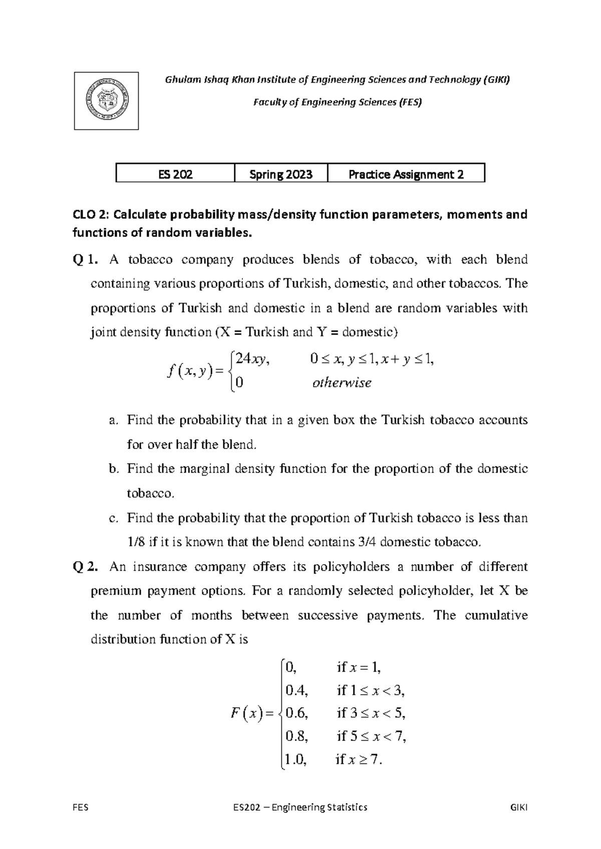ES202 - Spring 2023 Assignment 2 Notes on Probability Functions - Studocu