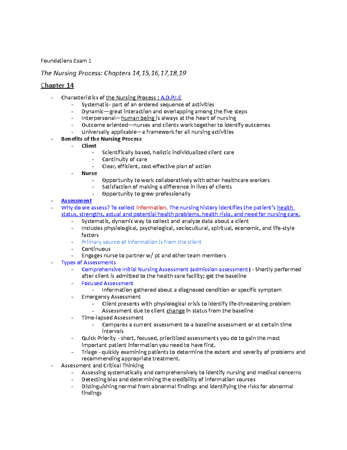 Foundations NURS 101 Exam 1 Study Guide: Nursing Process & Hygiene ...