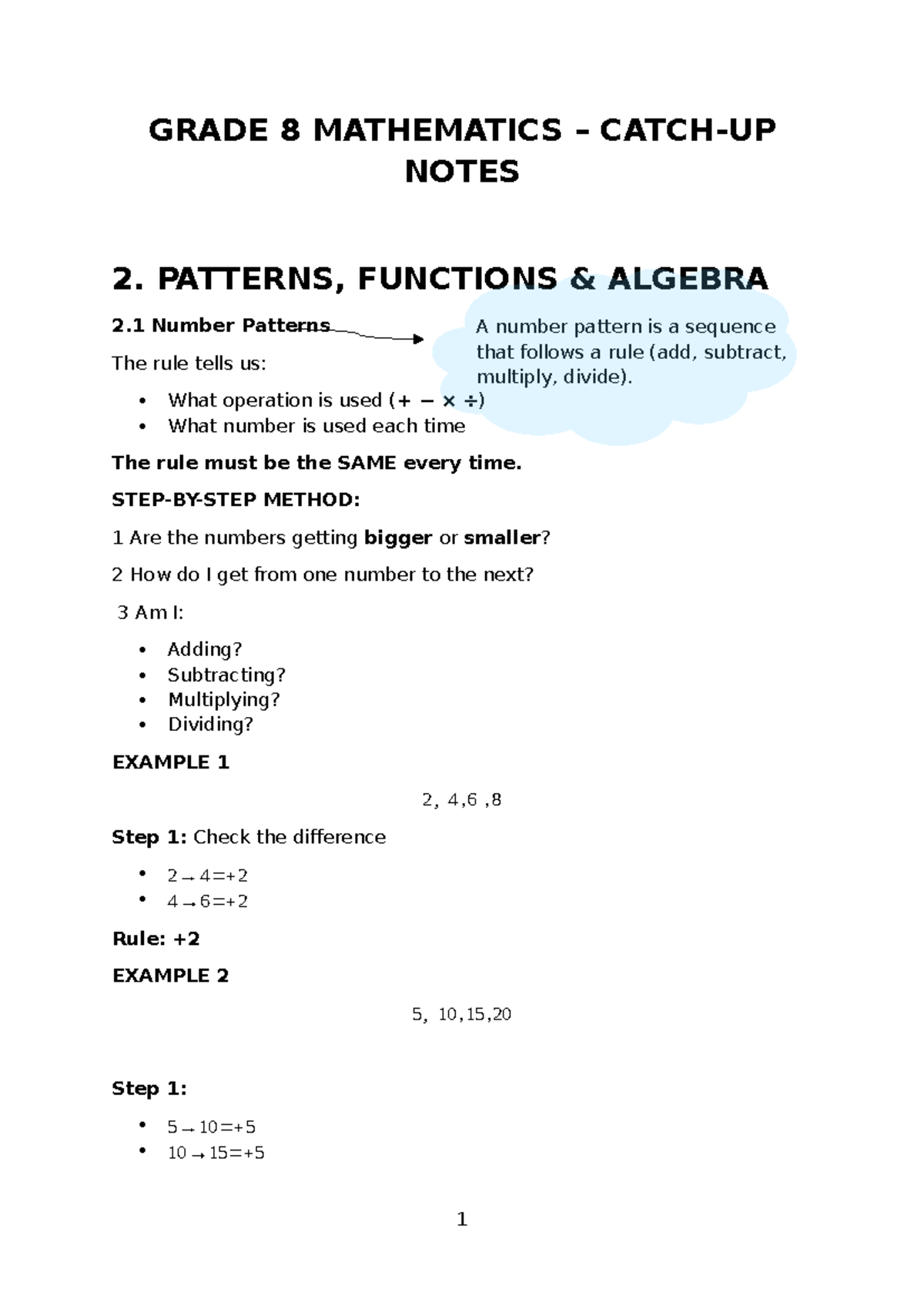 Grade 8 Mathematics Notes: Patterns & Functions (Algebra) - Studocu