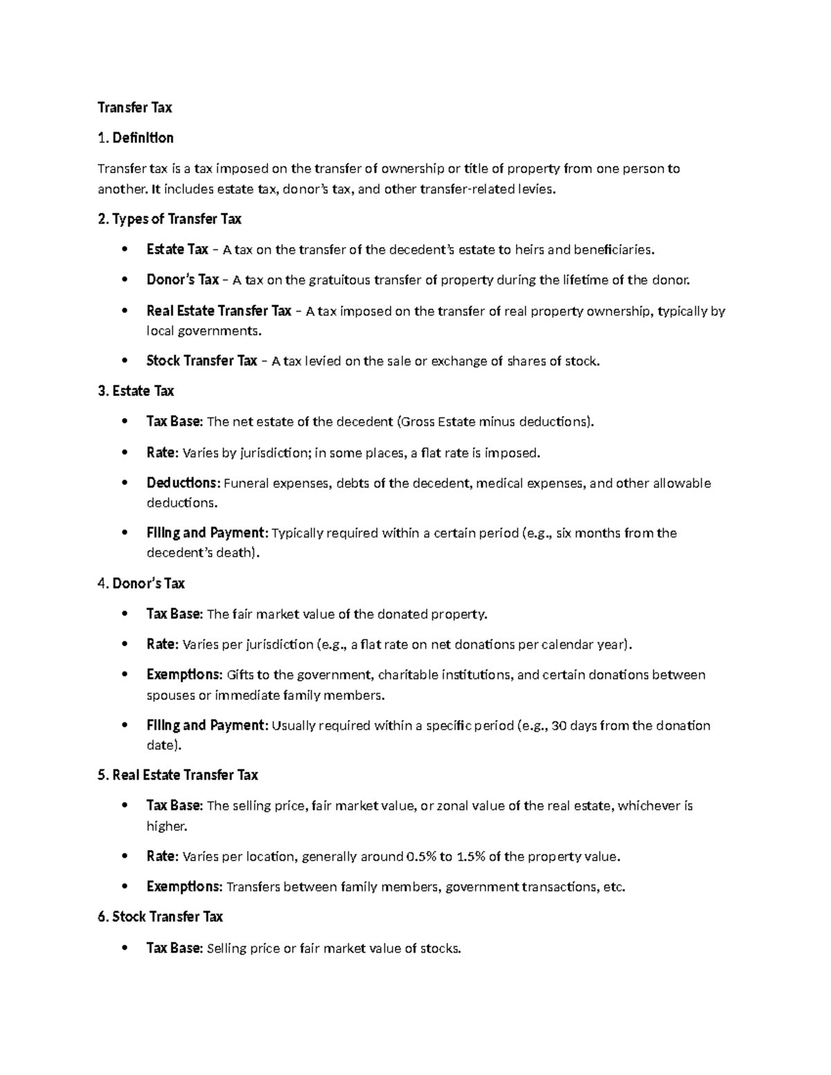 Transfer Tax - pls read - Transfer Tax 1. Definition Transfer tax is a ...