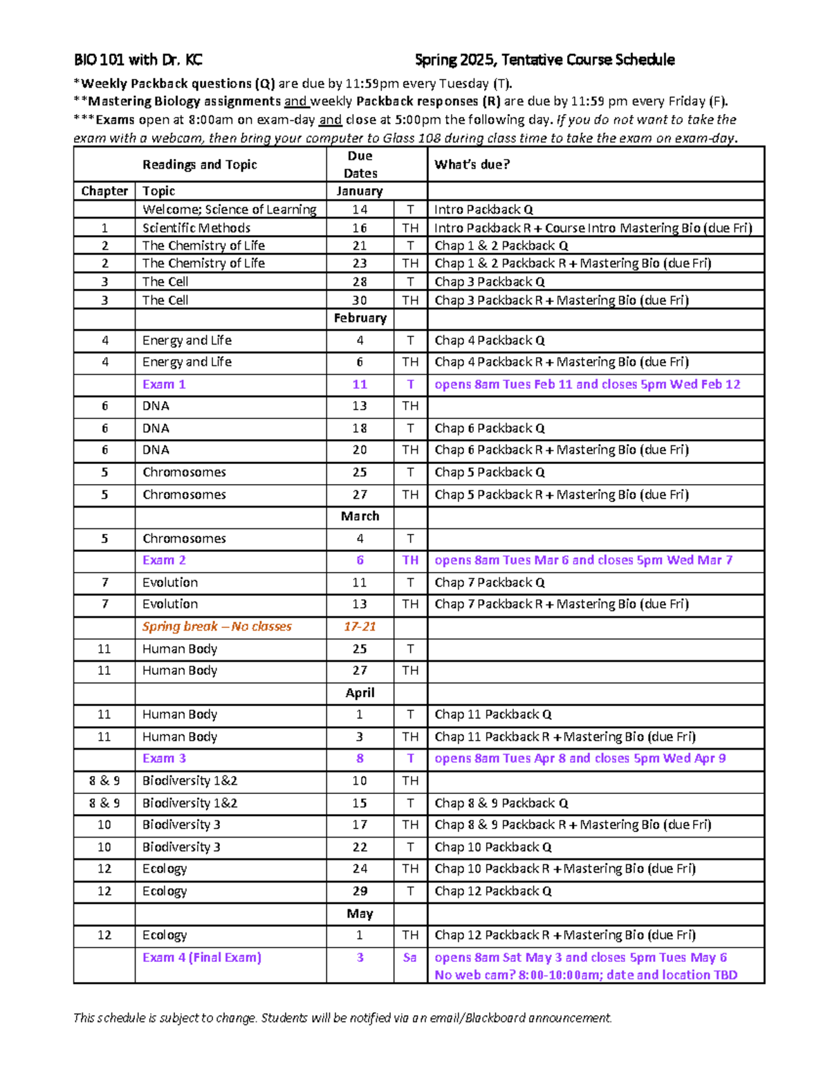 Spring 2025 Bio101 Course Schedule V1 - BIO 101 with Dr. KC Spring 2025 ...