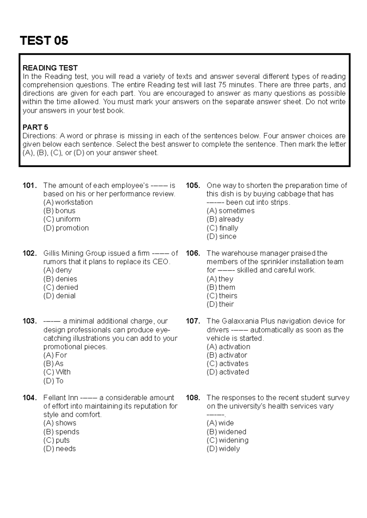 TEST 05 - Reading Comprehension Test Guide - Studocu