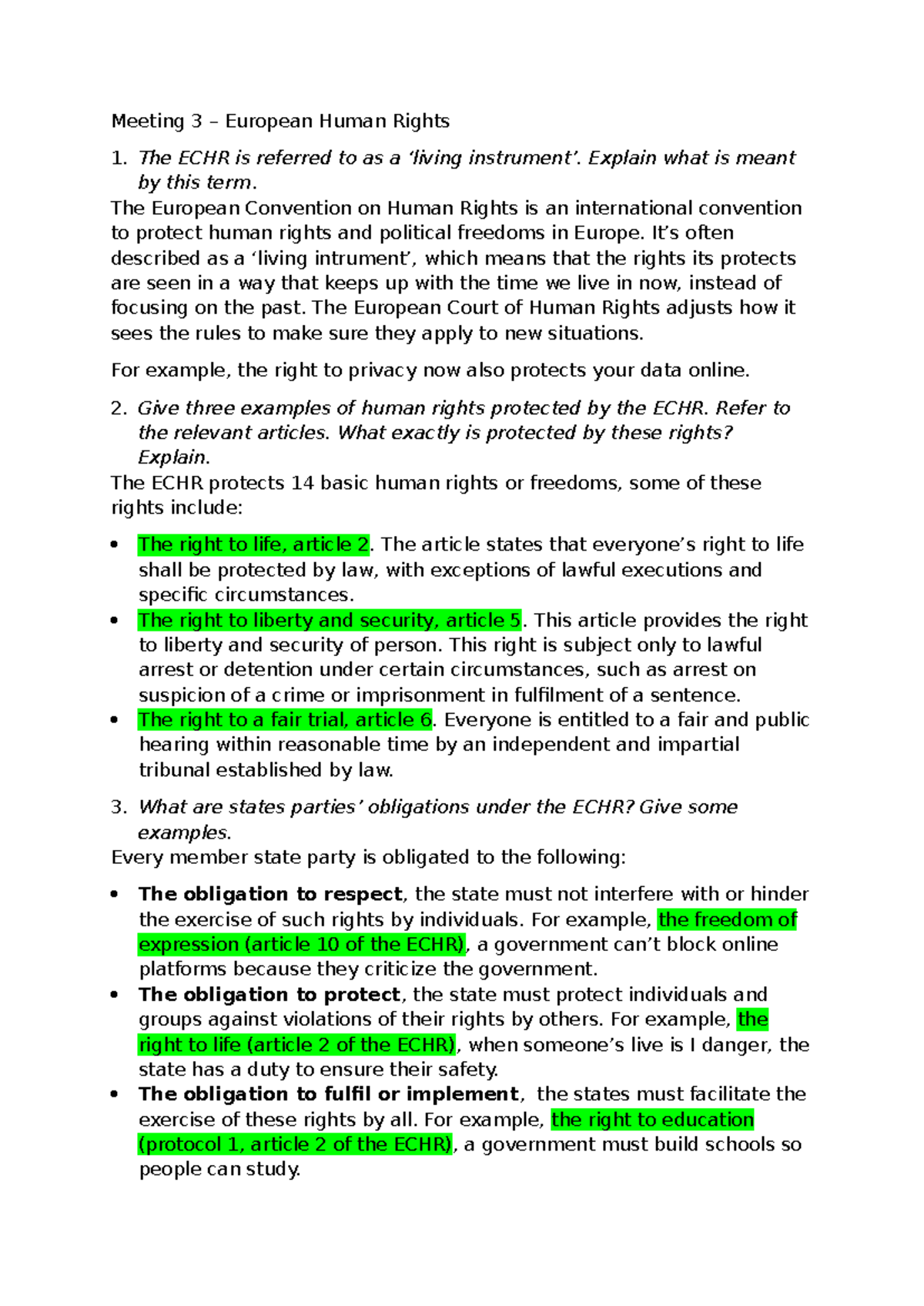Meeting 3: ECHR Overview and Human Rights Obligations (LE) - Studocu