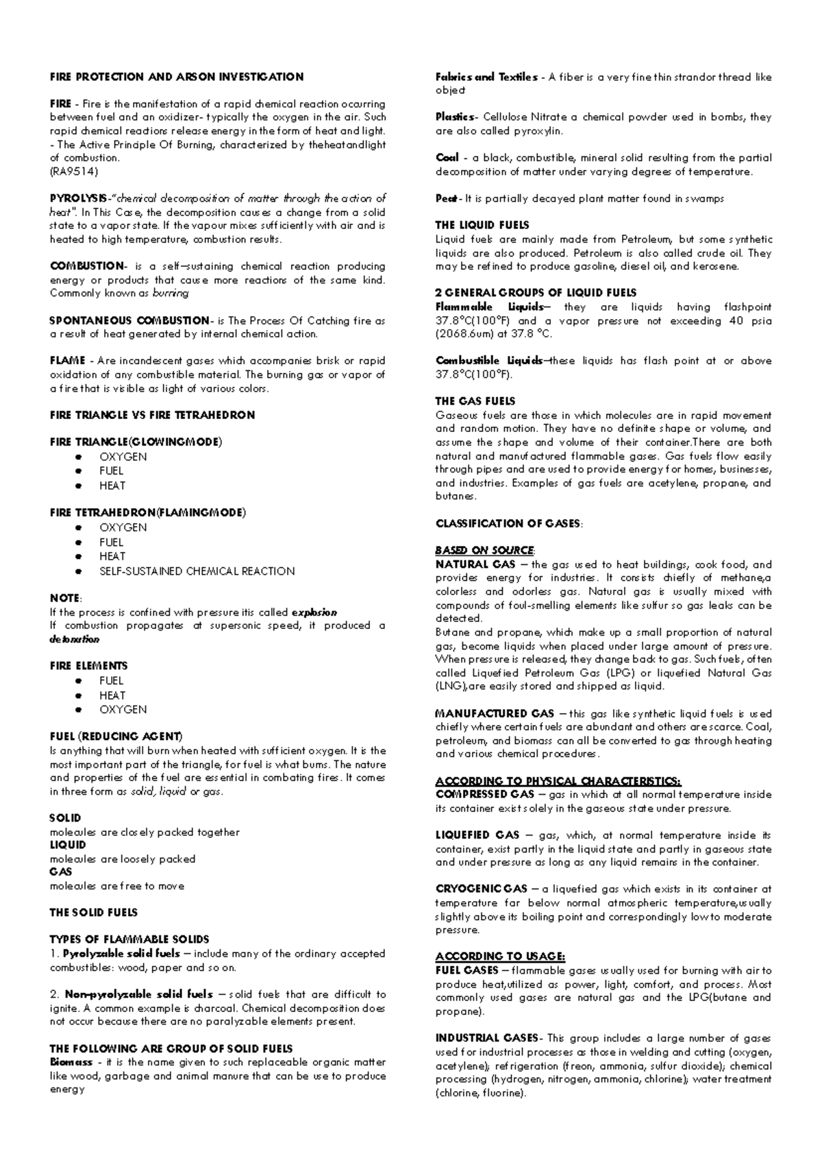 FIRE PROTECTION AND ARSON INVESTIGATION (RA9514) Study Notes - Studocu