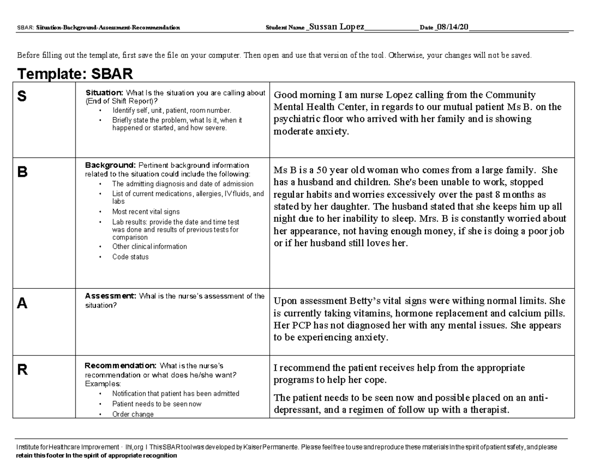 NURS 301 Wk 12 SBAR Template - Patient Assessment and Recommendations ...