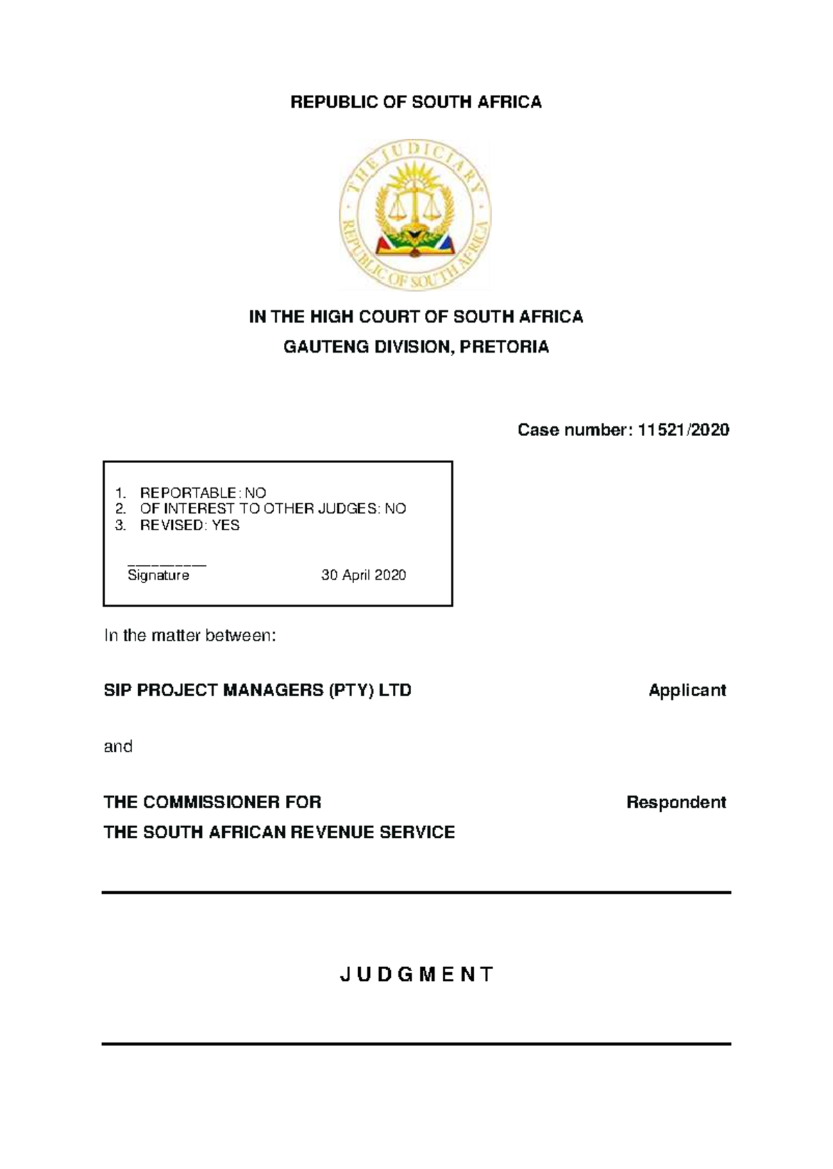 LAPD DRJ HC 2020 03: SIP Project Managers v SARS Judgment Analysis ...
