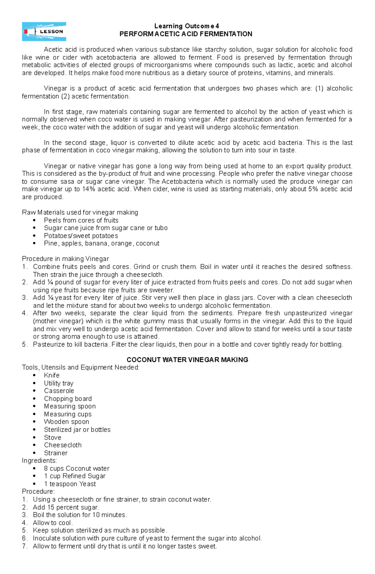 Acetic Acid Fermentation Procedures and Recipes for Vinegar Production ...