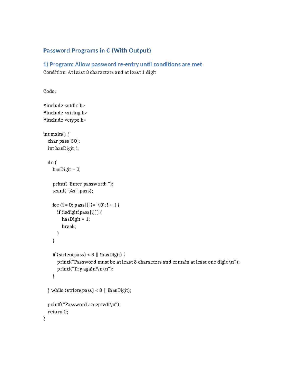 C Programming: Password Management Programs (With Output) - Studocu