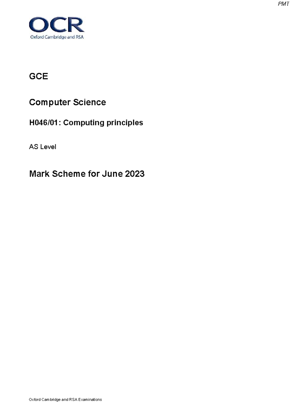June 2023 Mark Scheme for OCR AS Level Computer Science Paper 1 - Studocu