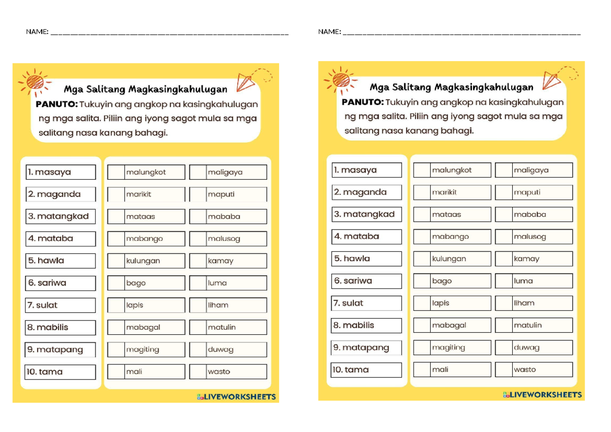 FIL- Kasingkahulugan - OKAY - NAME: NAME: Mga Salitang ...