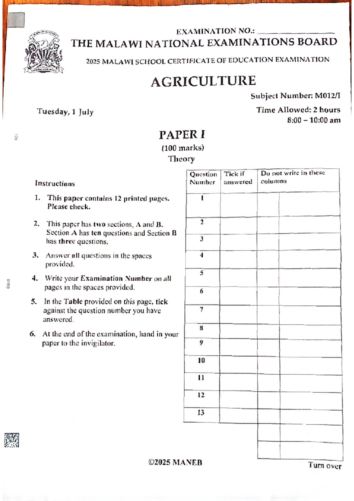 2025 MSCE AGRICULTURE PAPER I EXAMINATION QUESTIONS - Studocu