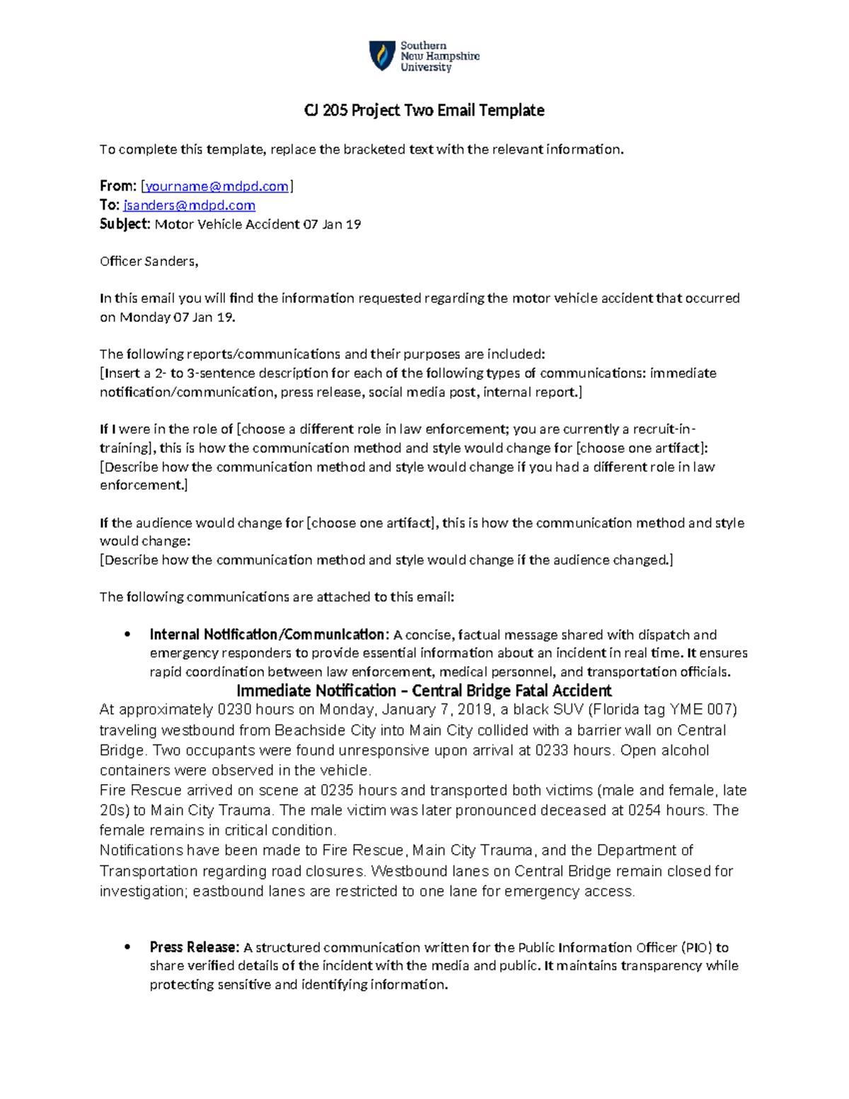 CJ 205 Project Two Email Template: Motor Vehicle Accident Report - Studocu