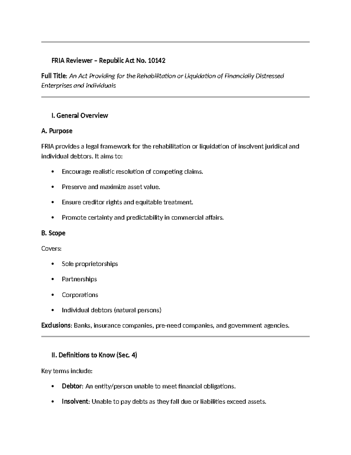 FRIA Act Reviewer: Rehabilitation & Liquidation of Distressed ...