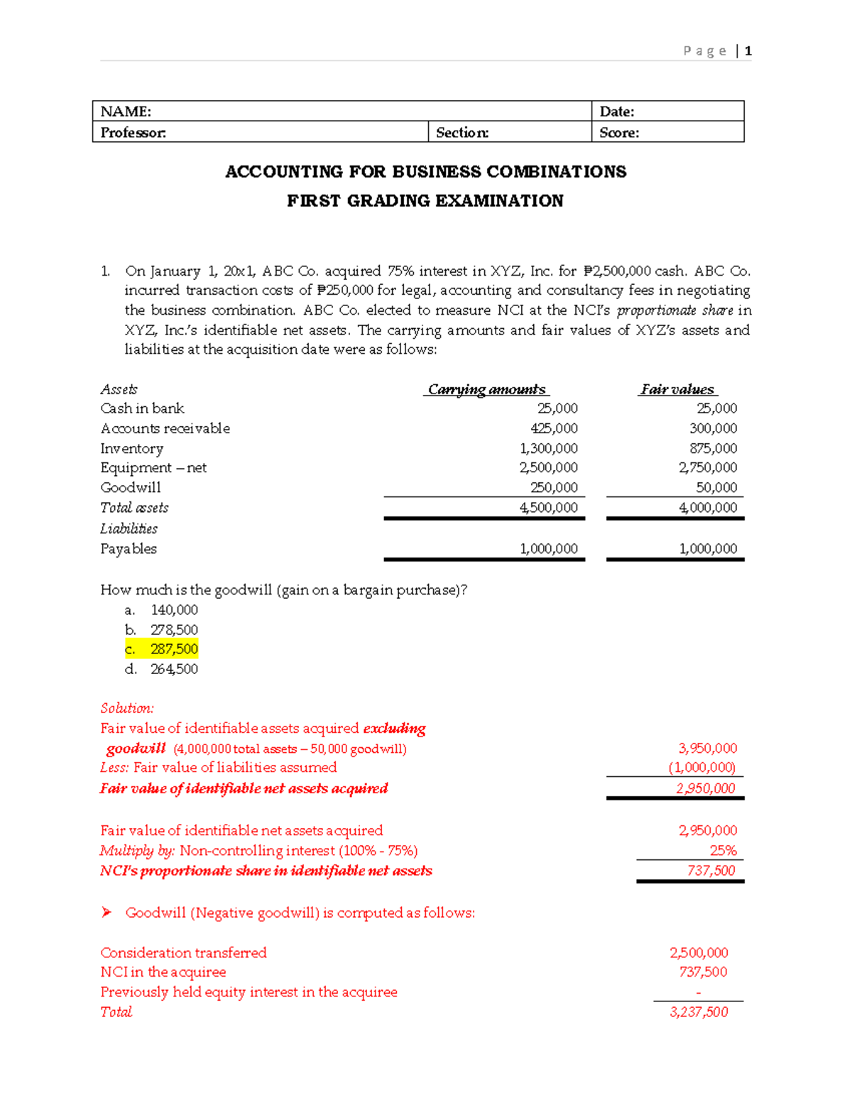 Accounting for Business Combinations: First Grading Exam 77658708 - Studocu
