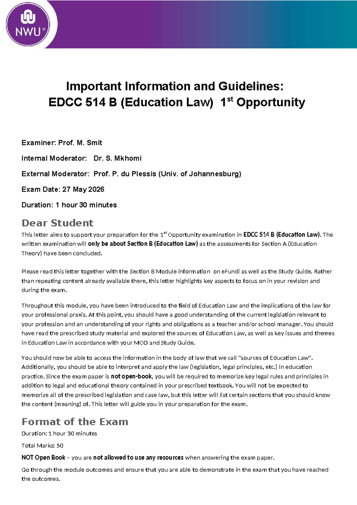 Exam Preparation Guidelines for EDCC 514 B: Education Law - 1st ...