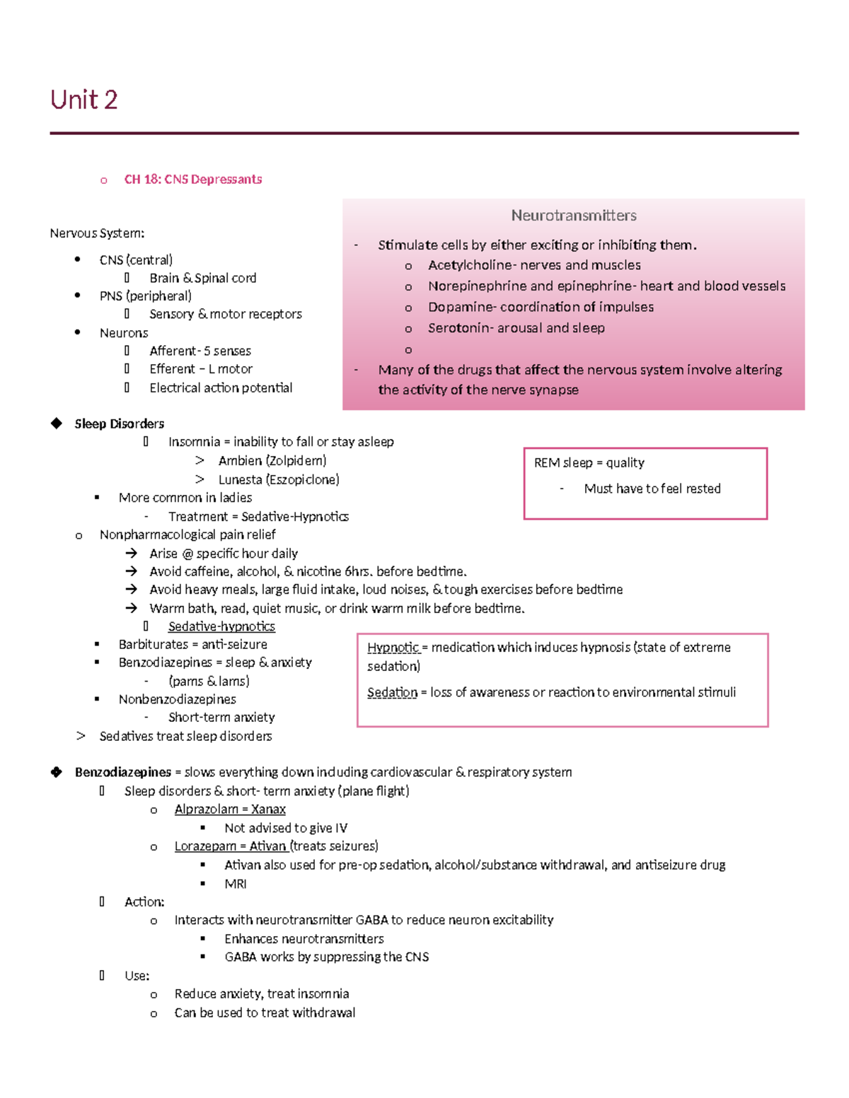 PHARM 101: Exam 1 Study Notes on CNS Depressants and Anesthetics - Studocu