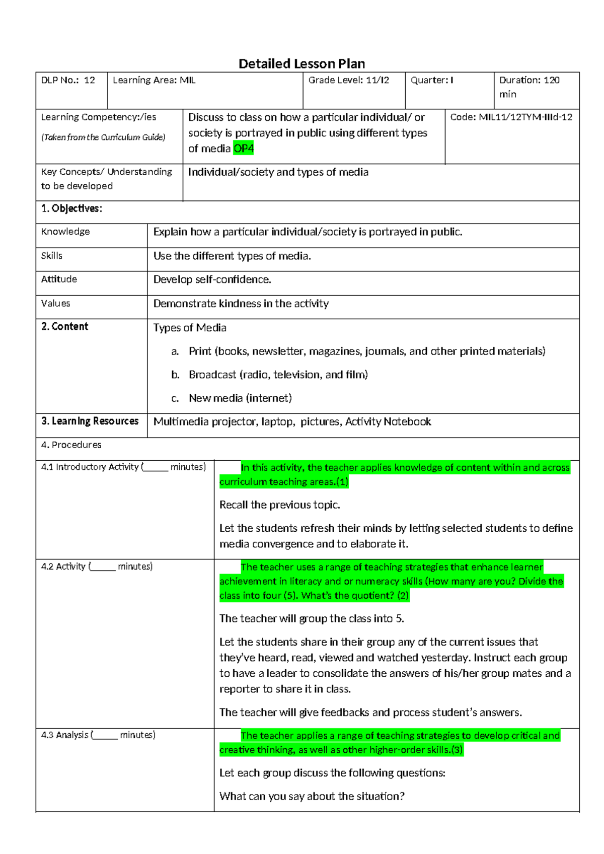 MILQ1 Detailed Lesson Plan: Media Portrayal in Society - Studocu