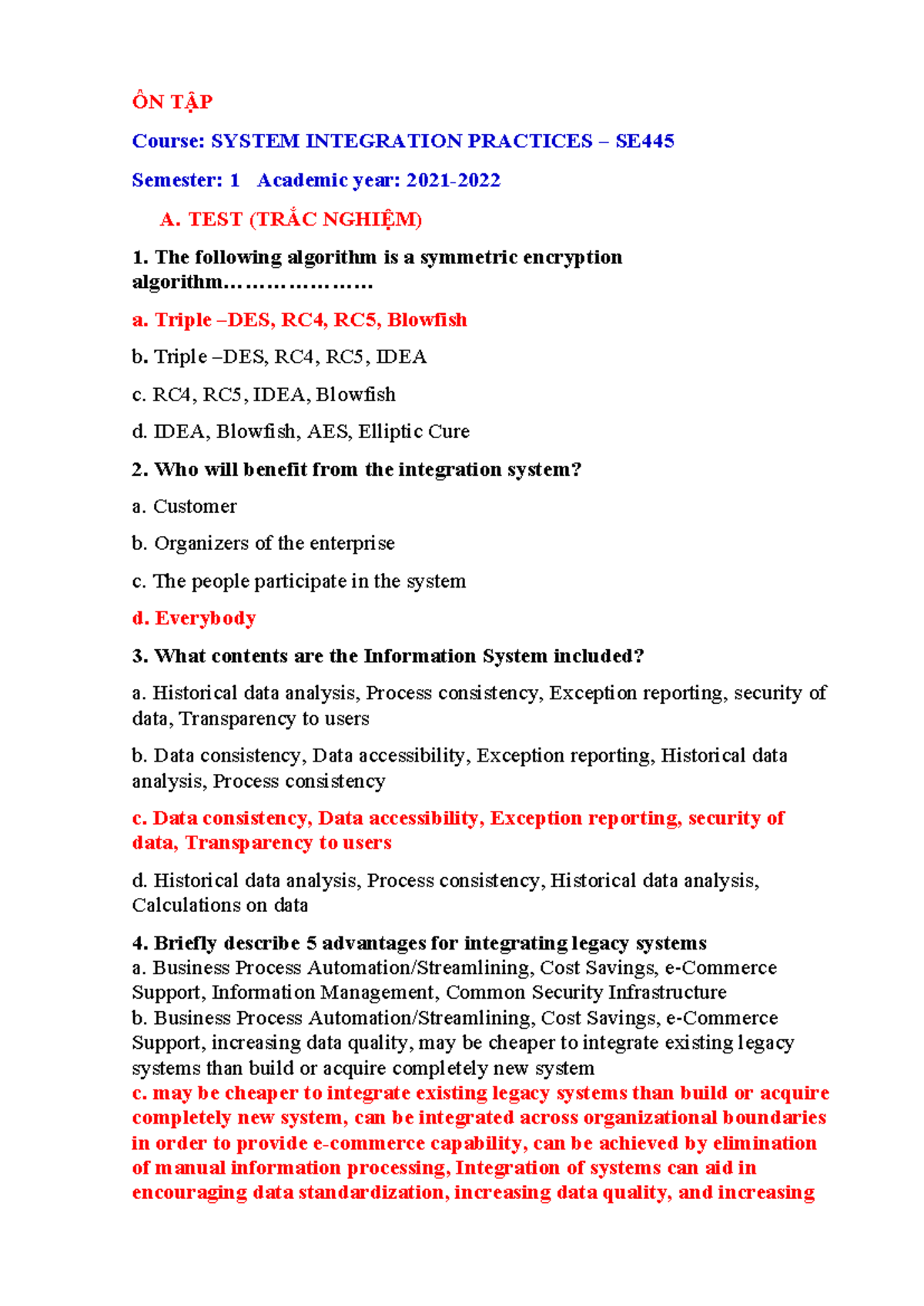 ÔN TẬP: SYSTEM INTEGRATION PRACTICES SE445 - Test Questions and Answers ...