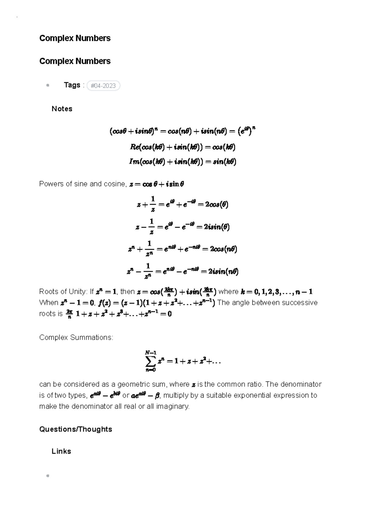 Complex Numbers Summary Notes - Math 101 - Lecture - Studocu