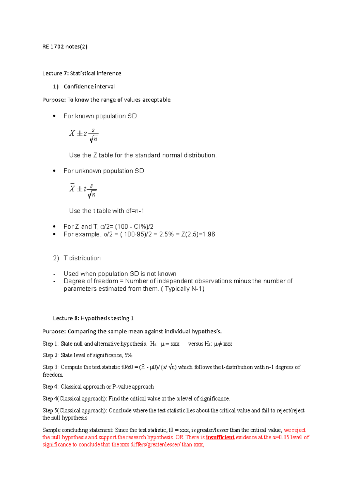 RE 1702 Lecture Notes: Statistical Inference & Hypothesis Testing - Studocu