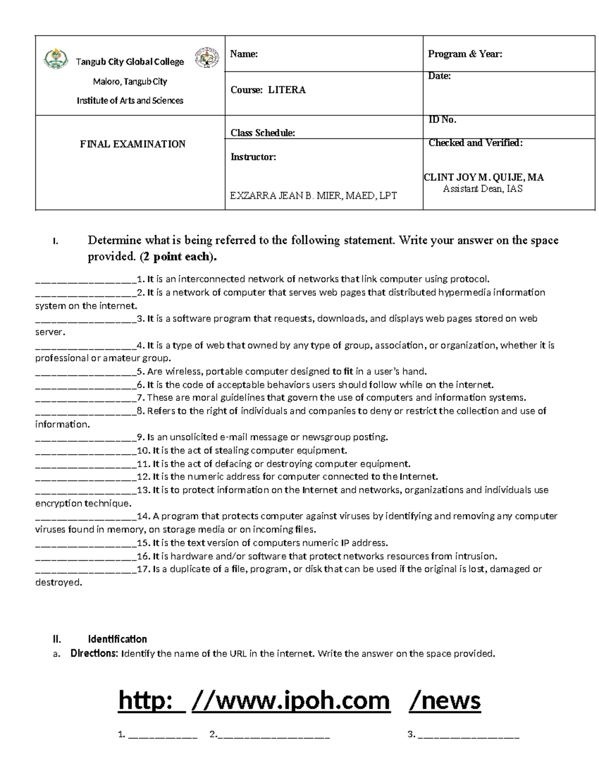 Litera Final EXAM - Work materials - Tangub City Global College Maloro ...