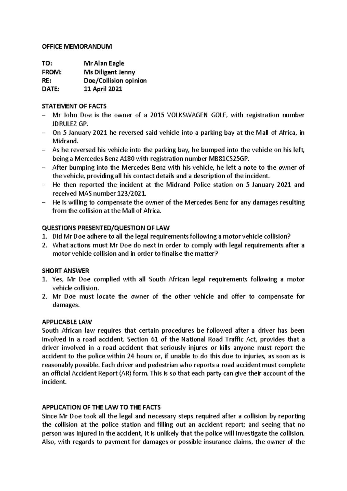 Office Memorandum Example: Legal Analysis of Mr. Doe's Collision Case ...