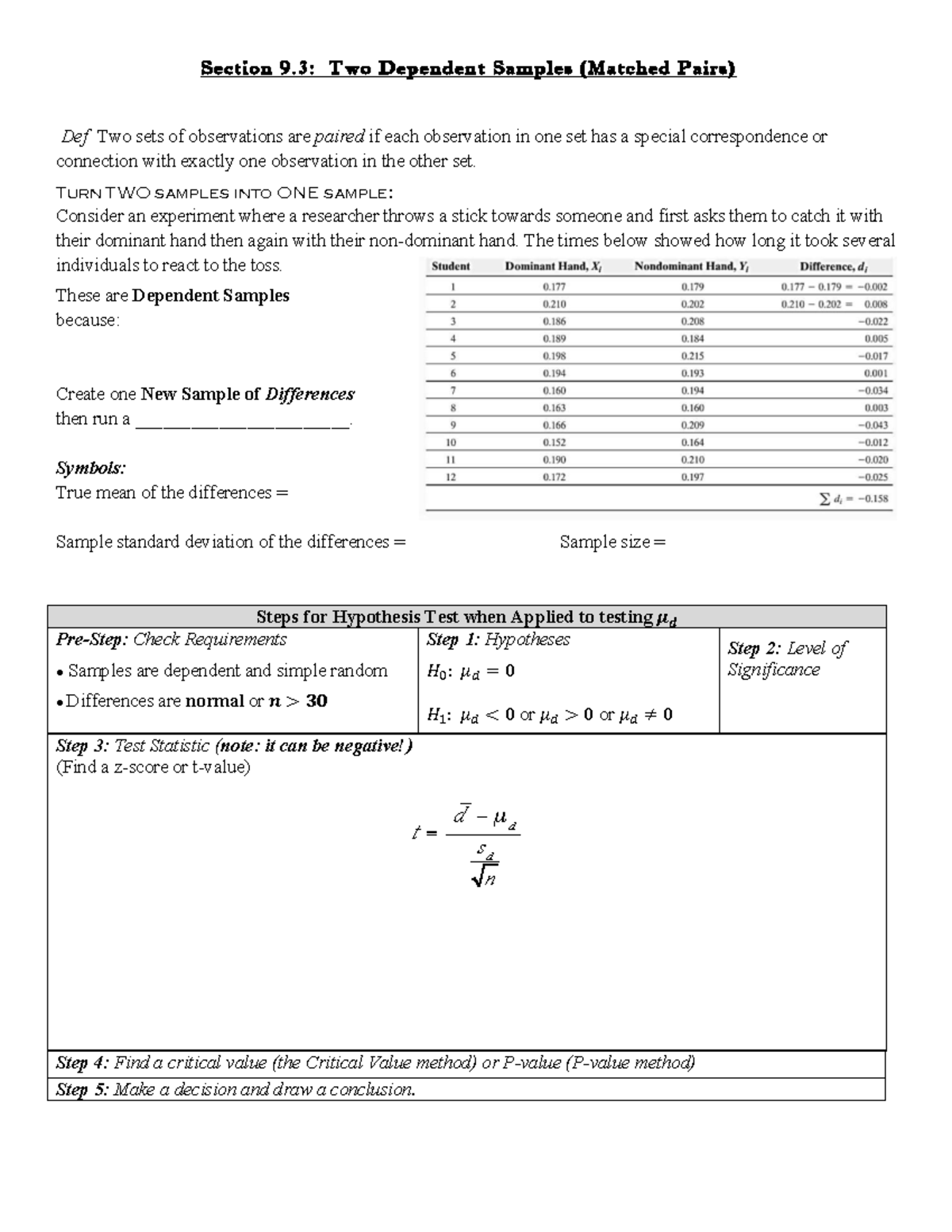 Section 9.3: Matched Pairs Analysis & Hypothesis Testing Notes - Studocu