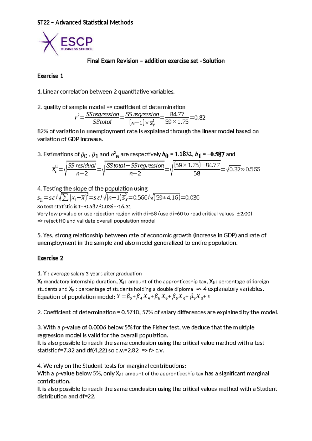 ST22 Advanced Statistical Methods Final Exam Revision Exercise ...