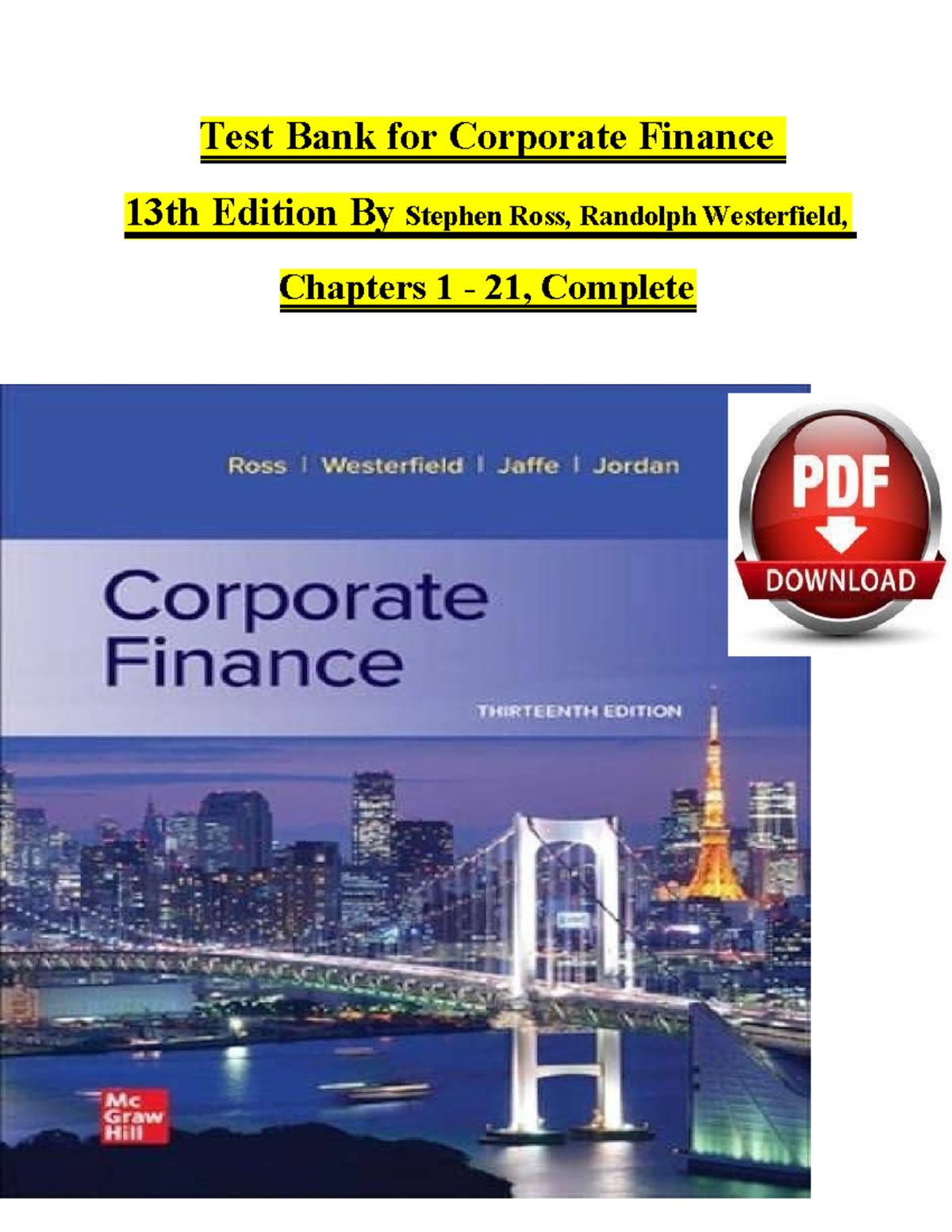 Corporate Finance Test Bank (TCDN) - Chapters 1-21, 13th Ed. - Studocu