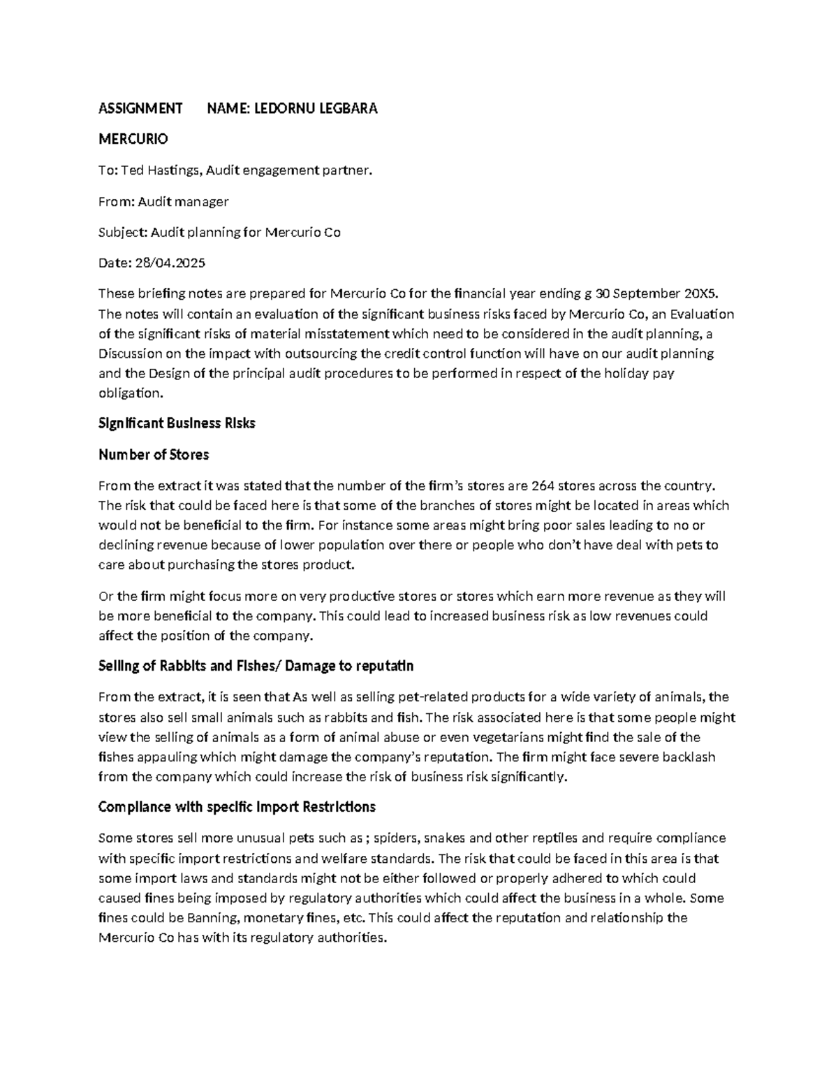 AAA Assignment - Audit Planning Brief for Mercurio Co - Studocu