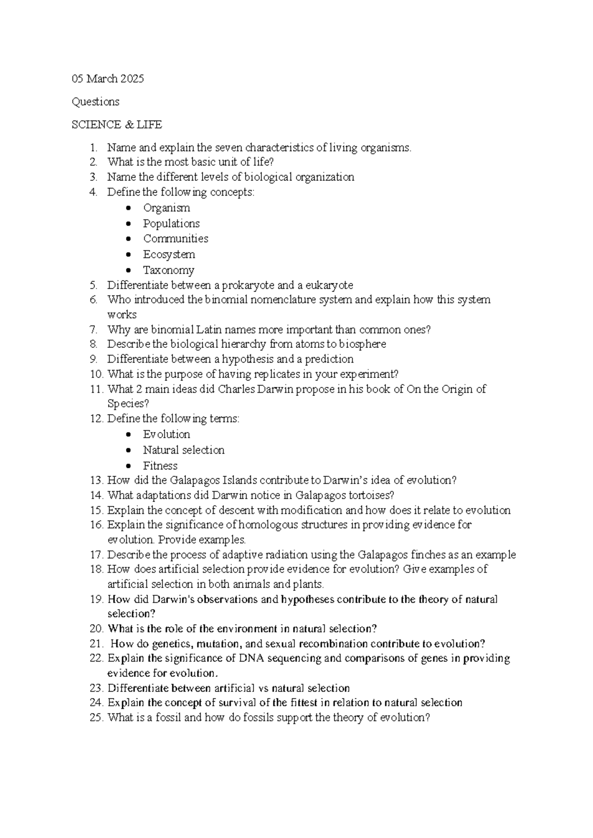 BIOL101 SI Worksheet - I need more questions - 05 March 2025 Questions ...