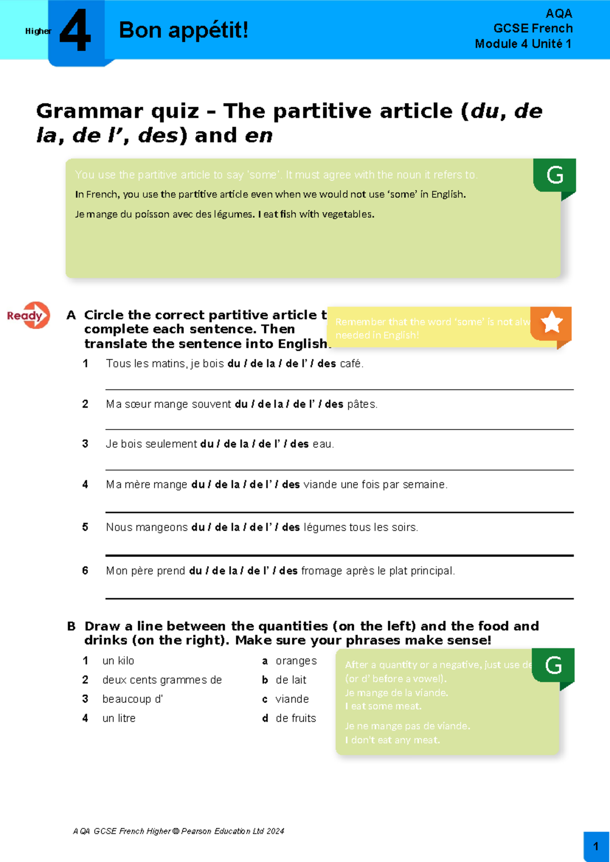 AQA GCSE French Higher: Partitive Article & Pronoun 'en' Notes - Studocu
