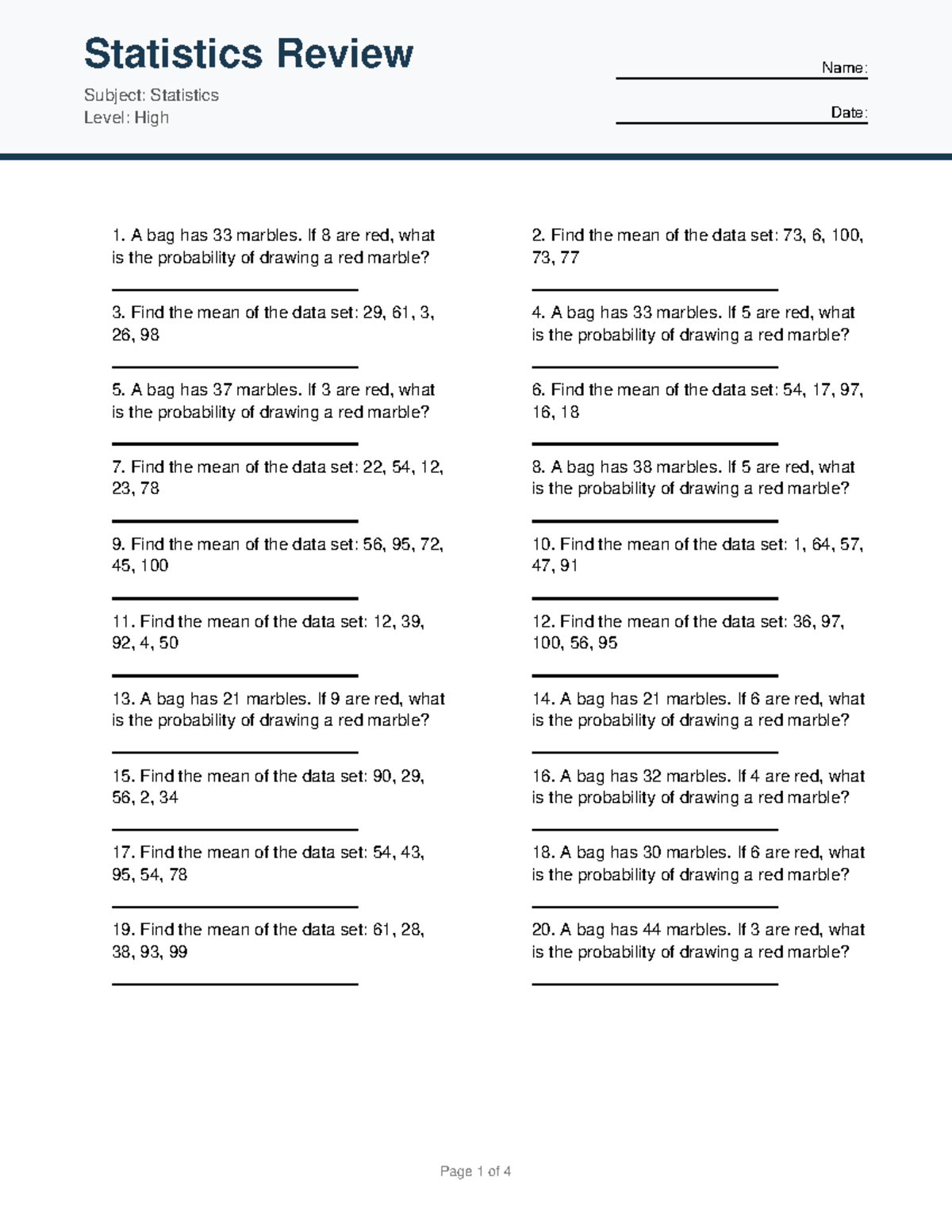 Statistics Review 4: Probability & Mean Calculations - Studocu
