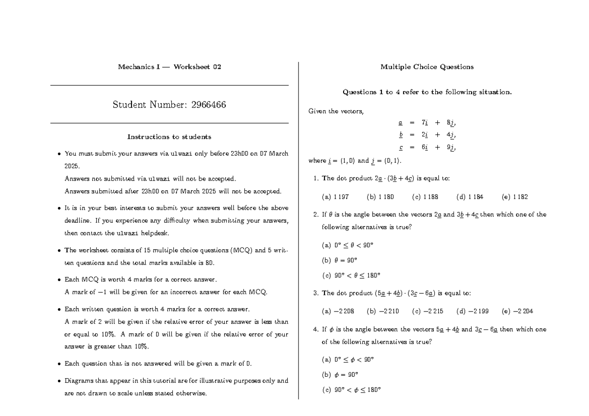 Mechanics I Worksheet 02: MCQs and Written Questions for Test - Studocu