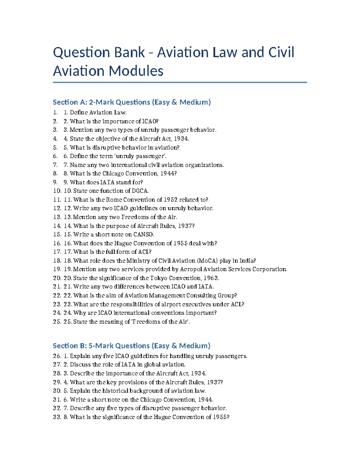 Aviation law question bank: easy to medium level questions - Studocu