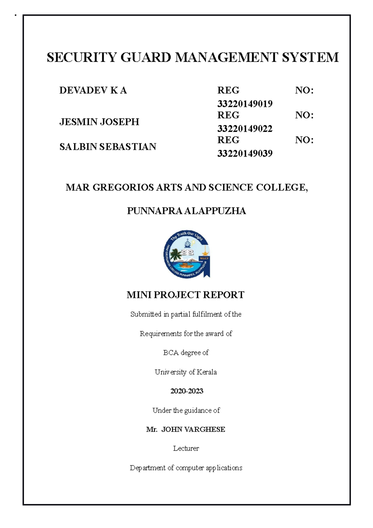 Security Guard Management System Mini Project Report - BCA - Studocu