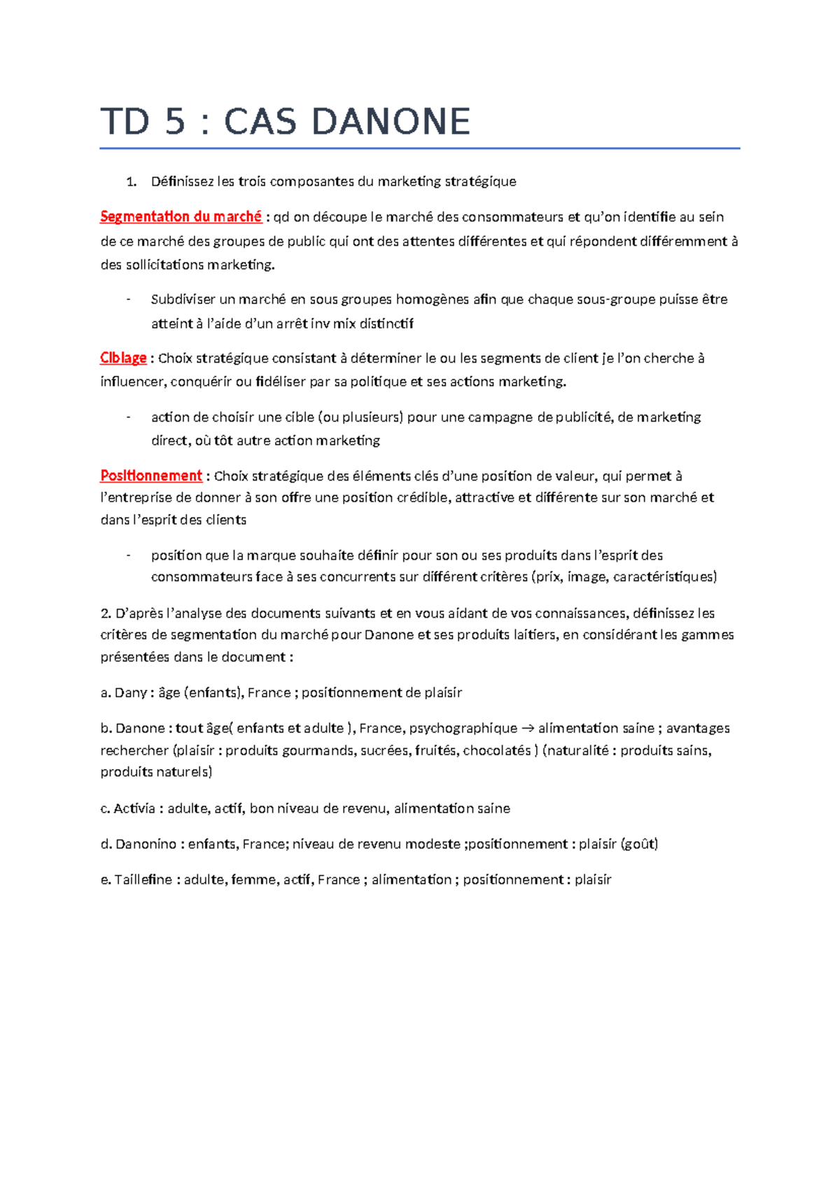 TD 5 Marketing: Stratégies de Segmentation et Positionnement pour ...