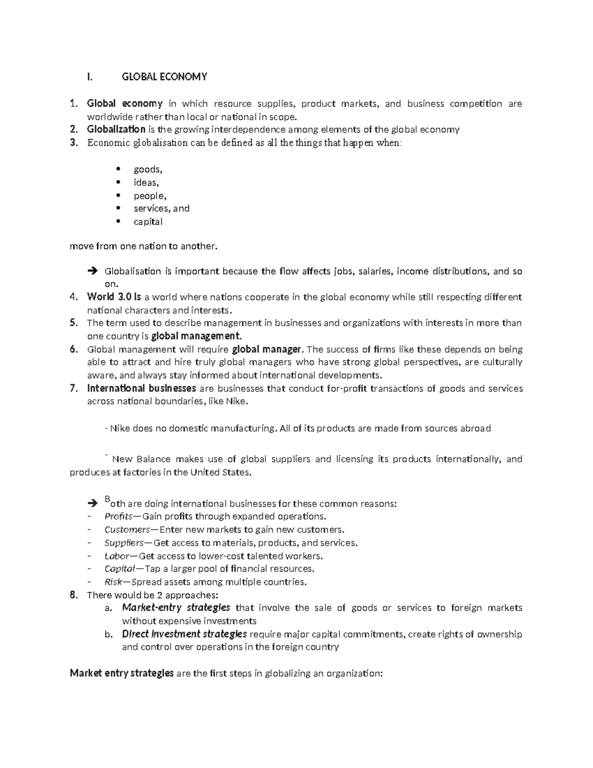 Chapter 5 Summary - I. GLOBAL ECONOMY Global economy in which resource ...