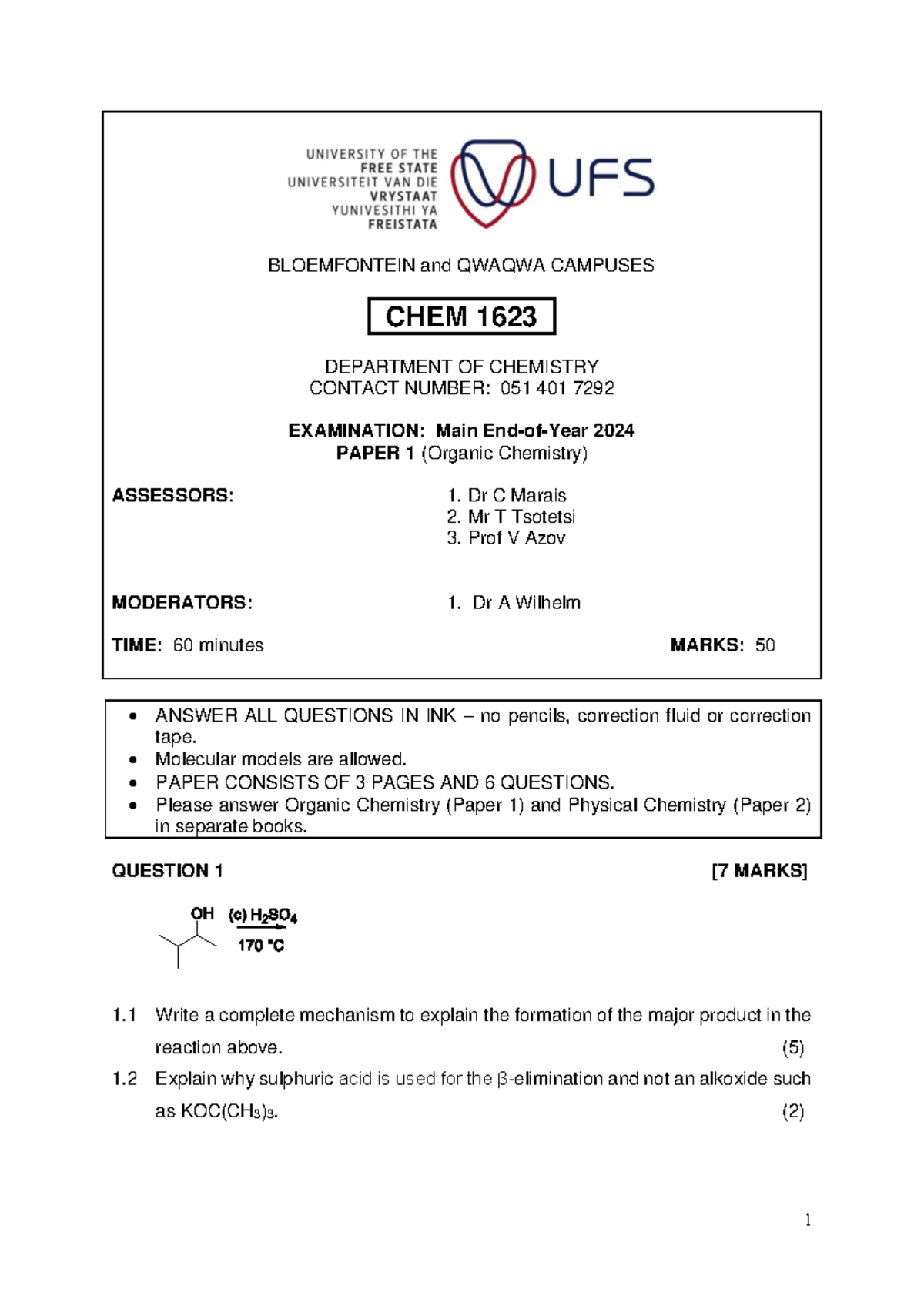 CHEM 1623 E1 2024 Organic Chemistry Exam Paper 1 Notes - Studocu
