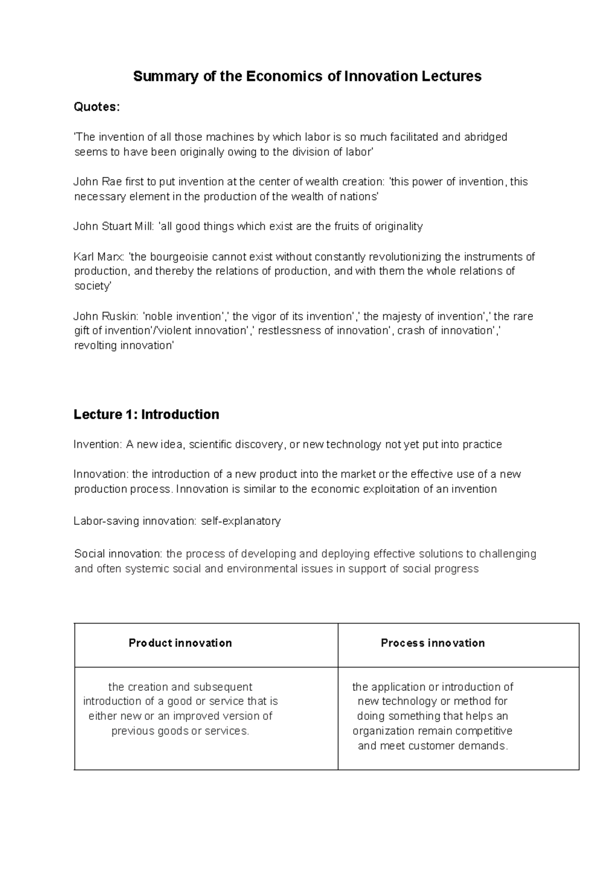 Economics of Innovation: Summary of Key Concepts and Lectures - Studeersnel