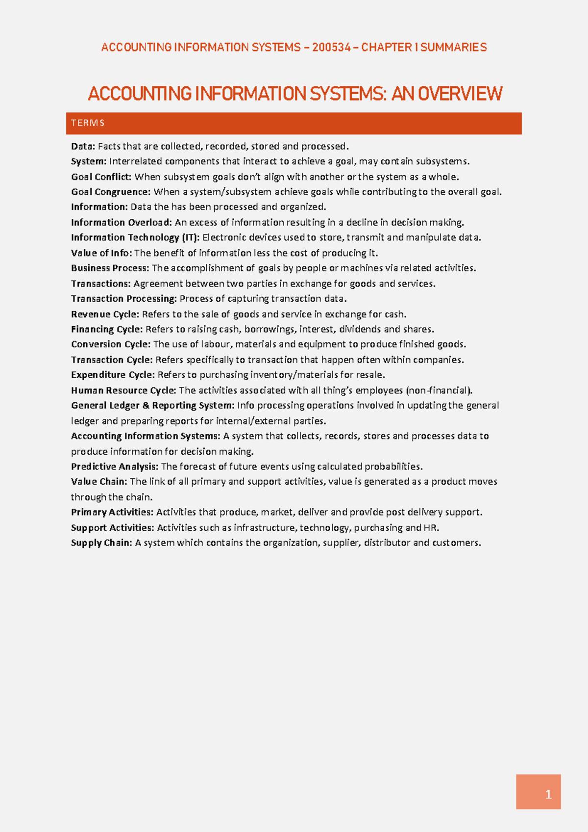 Chapter 1 Accounting Information Systems An Overview Summary HWK ...