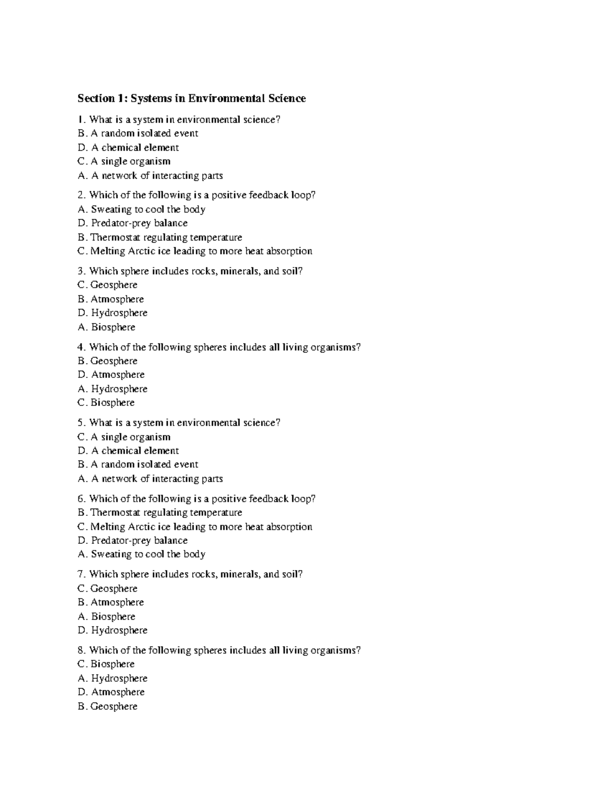 Environmental Science Test (ES 101): Systems and Spheres - Studocu
