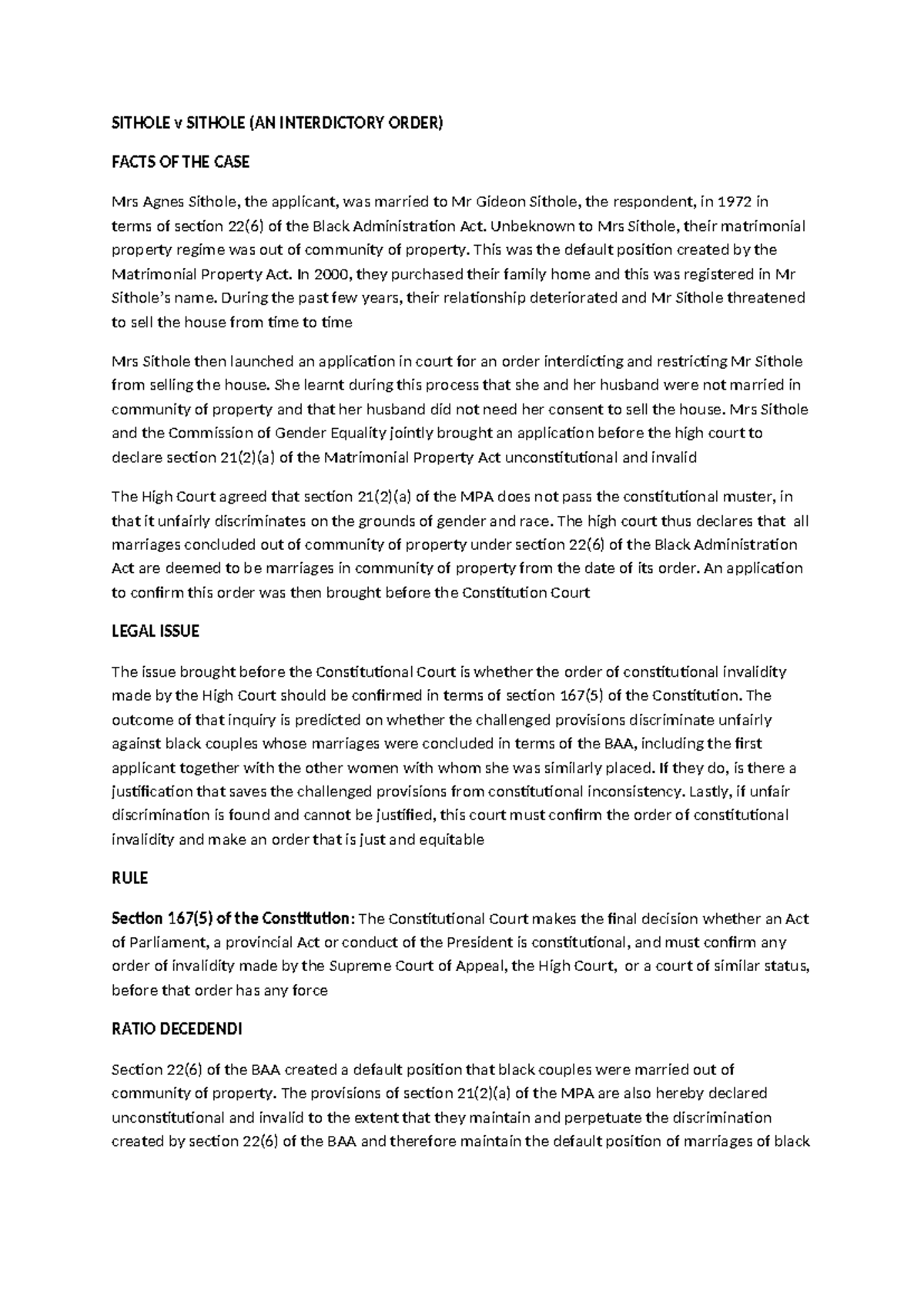 SITHOLE v SITHOLE Case Summary: Constitutional Implications & Orders ...
