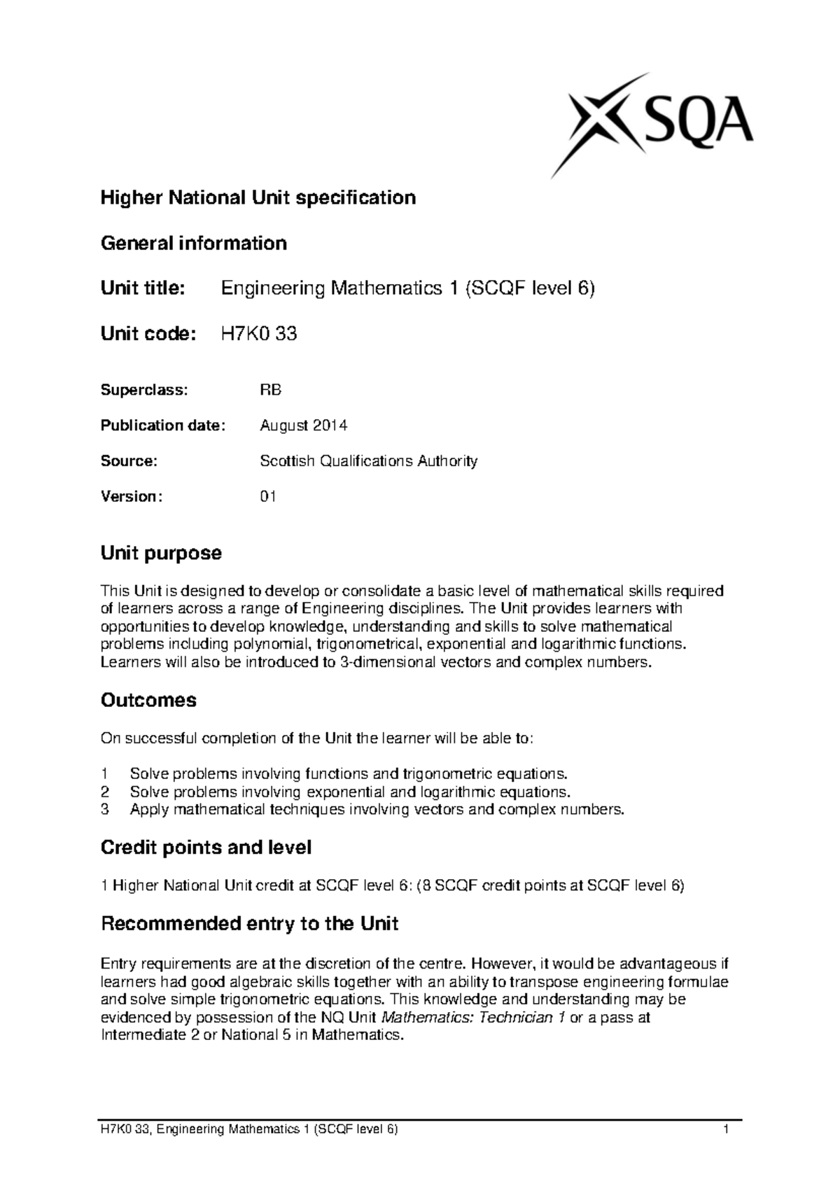 H7K0 33 - Engineering Mathematics 1 Revision Notes for SCQF Level 6 ...