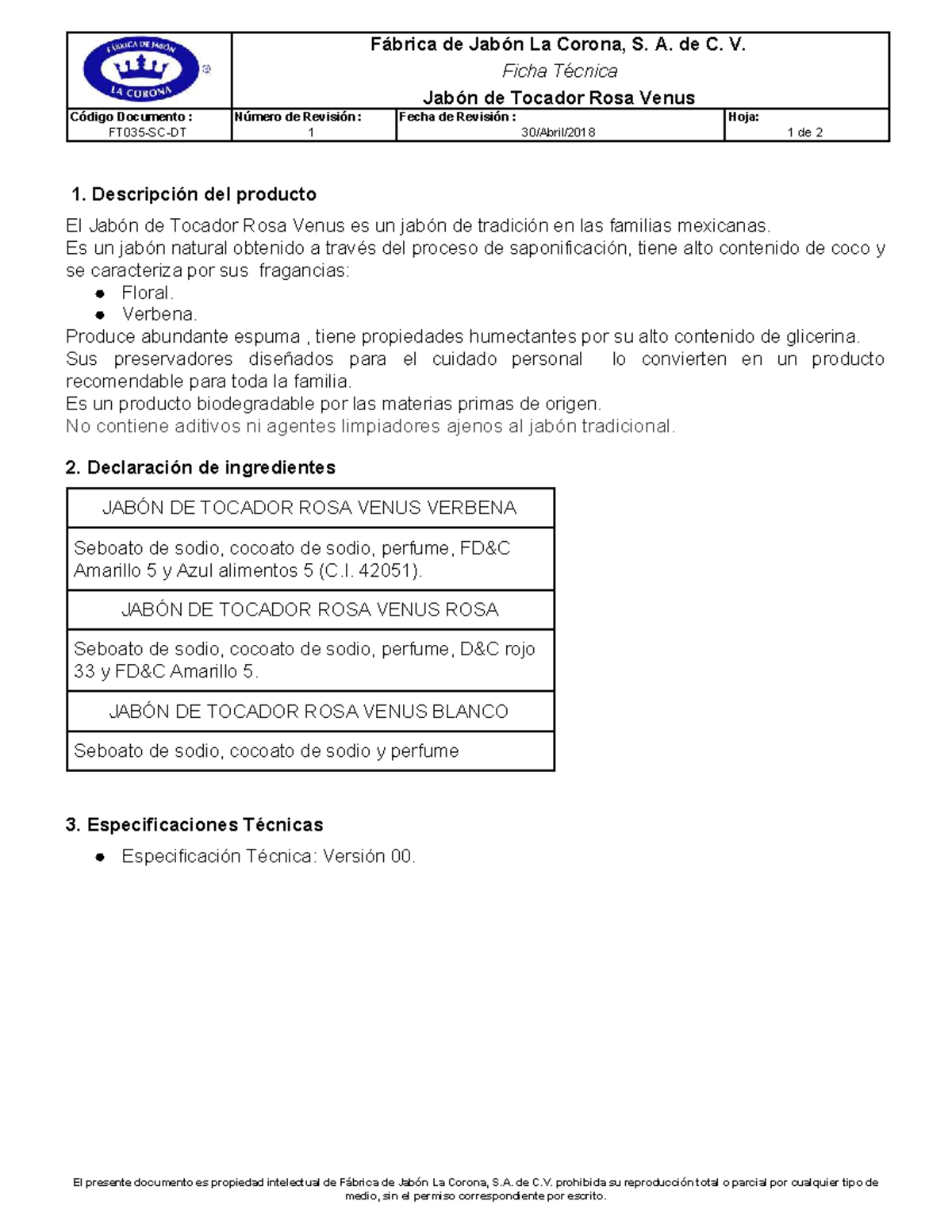 Ficha Técnica Jabón de Tocador Rosa Venus - Fábrica La Corona - Studocu
