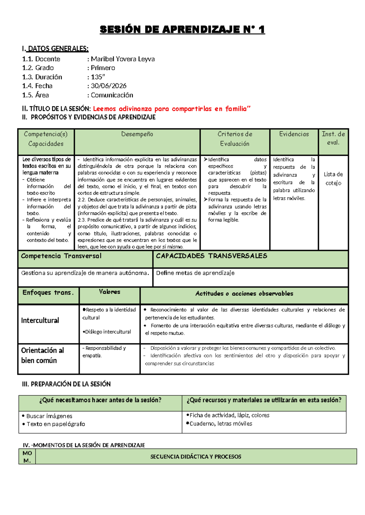 SESION DE APRENDIZAJE 1 - COMUNICACIÓN: Leemos Adivinanzas - Studocu
