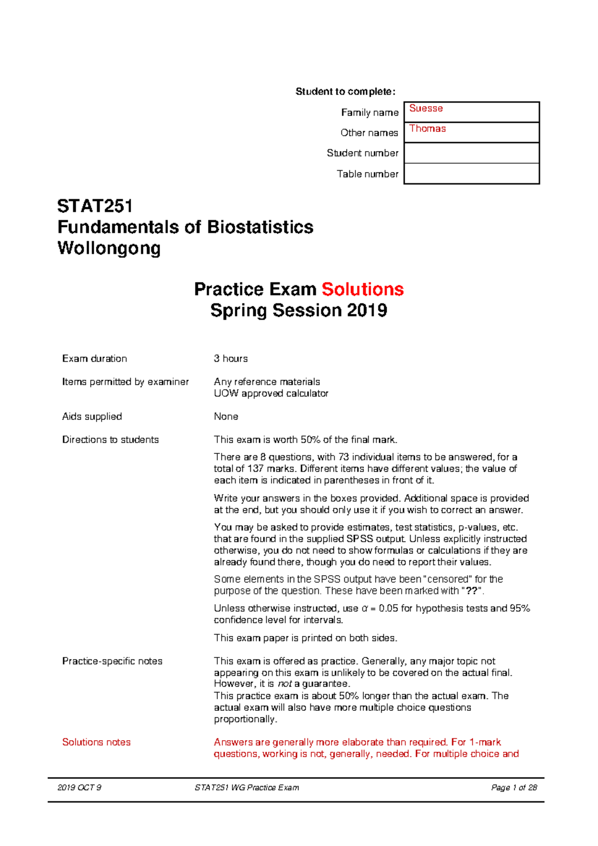 Practice Exam Solutions: STAT Fundamentals of Biostatistics - Spring ...